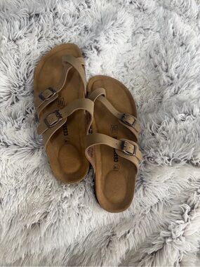 Classic Triple-Buckle Women’s Slip-On Sandals in Tan